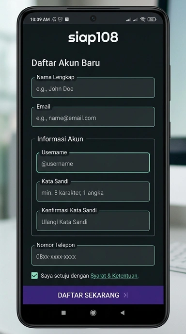 Tampilan halaman daftar siap108